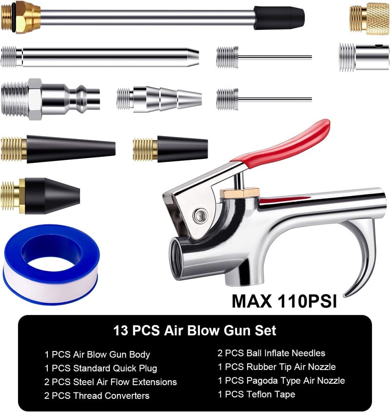 SARDVISA 13 Pcs 2-Way Connection Air Nozzle Blow Gun Set, Air Nozzle Kit with 1/4 in Standard Quick Fitting and 8 Air Nozzles, Air Compressor Accessories for Air Inflation and Dedusting - Image 4